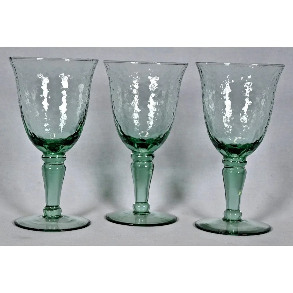 Set of 3 Green Hammered Glass Goblets Water Wine Glasses 7